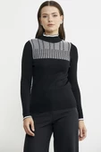 Yarım Balıkçı Renk Kombinli Triko Kazak - Siyah - 1