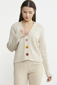 Renkli Düğmeli Triko Hırka - Açık Bej thumbnail 4