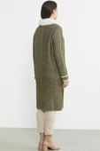 Yakası Suni Kürk Detaylı Uzun Triko Hırka - Haki - 5