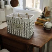 T.Concept Dekoratif Hasır Halatlı Zarif Telli Çok Amaçlı Dikdörtgen Sepet Gri-Beyaz Büyük (L) - 4