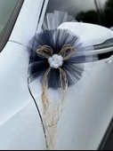 5 Adet Beyaz Siyah Kristal Tül Beyaz Latex Gül Doğal Rafya Detaylı Düğün Nikah Kına Sünnet Konvoy Süsü - 2
