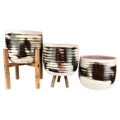 Bitki Tasarımı Yeşil Sırlı Terrakota Toprak Saksı Saksılık Salon Çiçeklik Üçlü Set- 19 CM - 4