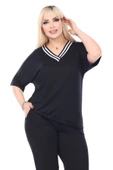 Melsay Butik Siyah V Yaka Şerit Detaylı Kısa Kollu Beli Lastikli Kapri Takım - 6