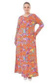 Melsay Butik Turuncu Retro Desen Uzun Kollu Kadın Elbise - 1