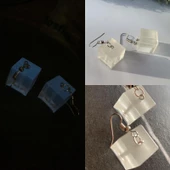 Fosforlu Neon Parlak Mavi Renk Gümüş Aksesuarlı Küpe Küp Şekil El Yapımı Epoksi Hediyelik thumbnail 1