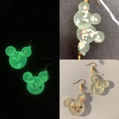 Fosforlu Neon Yeşil Renk Gold Aksesuarlı Deniz Kabuklu Küpe Mickey Mouse Şekilli El Yapımı Epoksi thumbnail 1