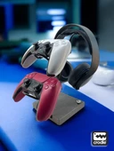 Gri Granit Ahşap Ve Siyah Metal Gaming Ps4 Ps5 Xbox Joystick Controller Tutucu Ve Kulaklık Dikey Standı - 3