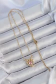 316L Çelik Zincir Altın Renk Pembe Zirkon Taşlı Fiyonklu Kalp Kolye - TJ-BKO9173 - 2