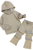 Kız Çocuk Kapüşonlu Sweatshirt Beli Lastikli Fitilli Bej Alt Üst Takım thumbnail 1