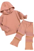 Kız Çocuk Kapüşonlu Sweatshirt Beli Lastikli Fitilli Pudra Alt Üst Takım - 1