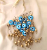 Nazar Boncuk Anahtarlık Mavi 10 Adet Kötü Göz Kovucu Ahşap Boncuklu Nazar Hand Made Hasır Nazarlı Anahtarlık thumbnail 1