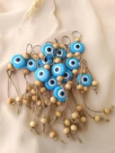 Nazar Boncuk Anahtarlık Mavi 10 Adet Kötü Göz Kovucu Ahşap Boncuklu Nazar Hand Made Hasır Nazarlı Anahtarlık thumbnail 3