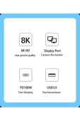 Type C To 8K 60Hz 4K-120 Hz Display Port- Usb 3.0 - Usb C Dişi 100W Çevirici - 4