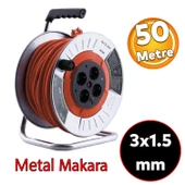 Metal Makaralı Seyyar CCA Kablo 4 Prizli Monofaze Uzatma Kablosu 3x1.5 mm TTR Kablo 50 Metre thumbnail 1