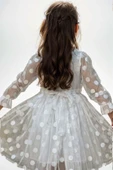 Kız Çocuk Boydan Üzeri Puantiye Detaylı Kolları Şeffaf Tül Beyaz Elbise thumbnail 5