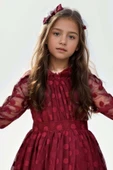Kız Çocuk Boydan Üzeri Puantiye Detaylı Kolları Şeffaf Tül Bordo Elbise thumbnail 3