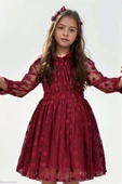 Kız Çocuk Boydan Üzeri Puantiye Detaylı Kolları Şeffaf Tül Bordo Elbise thumbnail 1