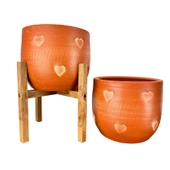 Bitki Tasarımı Kalp Desenli Toprak Saksı Saksılık Salon Çiçeklik İkili Set Ayaksız - 4 Ayaklı- 19 CM - 4