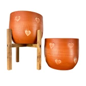 Bitki Tasarımı Kalp Desenli Toprak Saksı Saksılık Salon Çiçeklik İkili Set Ayaksız - 4 Ayaklı- 19 CM - 1