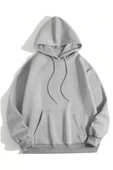 3 İplik Pamuklu Unisex Kapşonlu Sweetshirt - Gri - 1