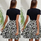 Kadın üst Kısa Kollu Viskon, Alt Leopar Desen Kuşaklı Krep Etek Takım - 4