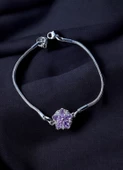 Mor Çiçekli Gümüş Renk Çelik Bileklik, Kararmaz Çelik Takı, Sevgiliye Gümüş Bileklik Hediye - 1