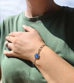 Mavi Taşlı Gümüş Renk Çelik Bileklik, Kararmaz Çelik Takı, Sevgiliye Gümüş Bileklik Hediye - 2