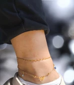 Kelebek Zirkon Taş Ve Nazar Boncuklu Gold Renk Çelik Halhal, Kararmaz Çelik Takı - 1