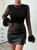 Kadın Uzun Kollu Bisiklet Yaka Kol Ağzı Katmanlı Bluz - 2