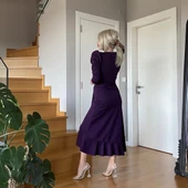 Krep Kumaş Midi Boy Kuşaklı Uzunkol Elbise - 3