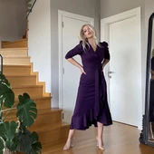 Krep Kumaş Midi Boy Kuşaklı Uzunkol Elbise - 2