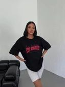 Unisex Bisiklet Yaka Baskılı Oversize T-Shirt - Siyah thumbnail 1