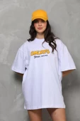 Unisex Bisiklet Yaka Baskılı Oversize T-Shirt - Beyaz thumbnail 1