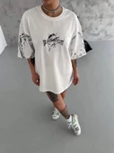 Unisex Bisiklet Yaka Baskılı Oversize T-Shirt - Beyaz thumbnail 2