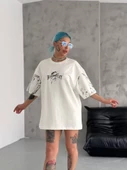 Unisex Bisiklet Yaka Baskılı Oversize T-Shirt - Beyaz thumbnail 1