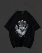 Unisex Bisiklet Yaka Baskılı Oversize T-Shirt - Siyah - 1