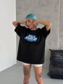 Unisex Bisiklet Yaka Baskılı Oversize T-Shirt - Siyah thumbnail 1