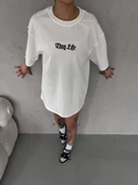 Unisex Bisiklet Yaka Baskılı Oversize T-Shirt - Beyaz - 1