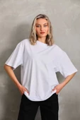 Unisex Bisiklet Yaka 20/1 Düz Oversize T-Shirt - Beyaz thumbnail 2