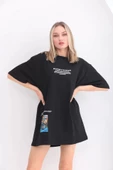 Unisex Bisiklet Yaka Baskılı Oversize T-Shirt - Siyah - 3