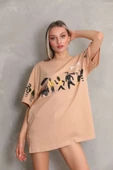 Unisex Bisiklet Yaka Baskılı Oversize T-Shirt - Bej - 4