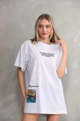 Unisex Bisiklet Yaka Baskılı Oversize T-Shirt - Beyaz thumbnail 3