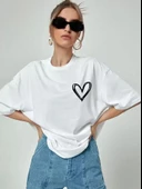 Bisiklet Yaka Baskılı Oversize T-Shirt - Beyaz thumbnail 1