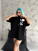 Unisex Bisiklet Yaka Baskılı Oversize T-Shirt - Siyah thumbnail 2