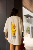 Unisex Bisiklet Yaka Baskılı Oversize T-Shirt - Beyaz thumbnail 2