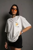Unisex Bisiklet Yaka Baskılı Oversize T-Shirt - Beyaz - 1