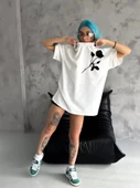 Unisex Bisiklet Yaka Baskılı Oversize T-Shirt - Beyaz thumbnail 3