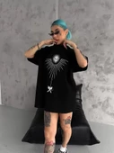 Unisex Bisiklet Yaka Baskılı Oversize T-Shirt - Siyah thumbnail 2