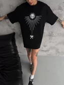 Unisex Bisiklet Yaka Baskılı Oversize T-Shirt - Siyah thumbnail 1