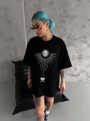 Unisex Bisiklet Yaka Baskılı Oversize T-Shirt - Siyah thumbnail 3